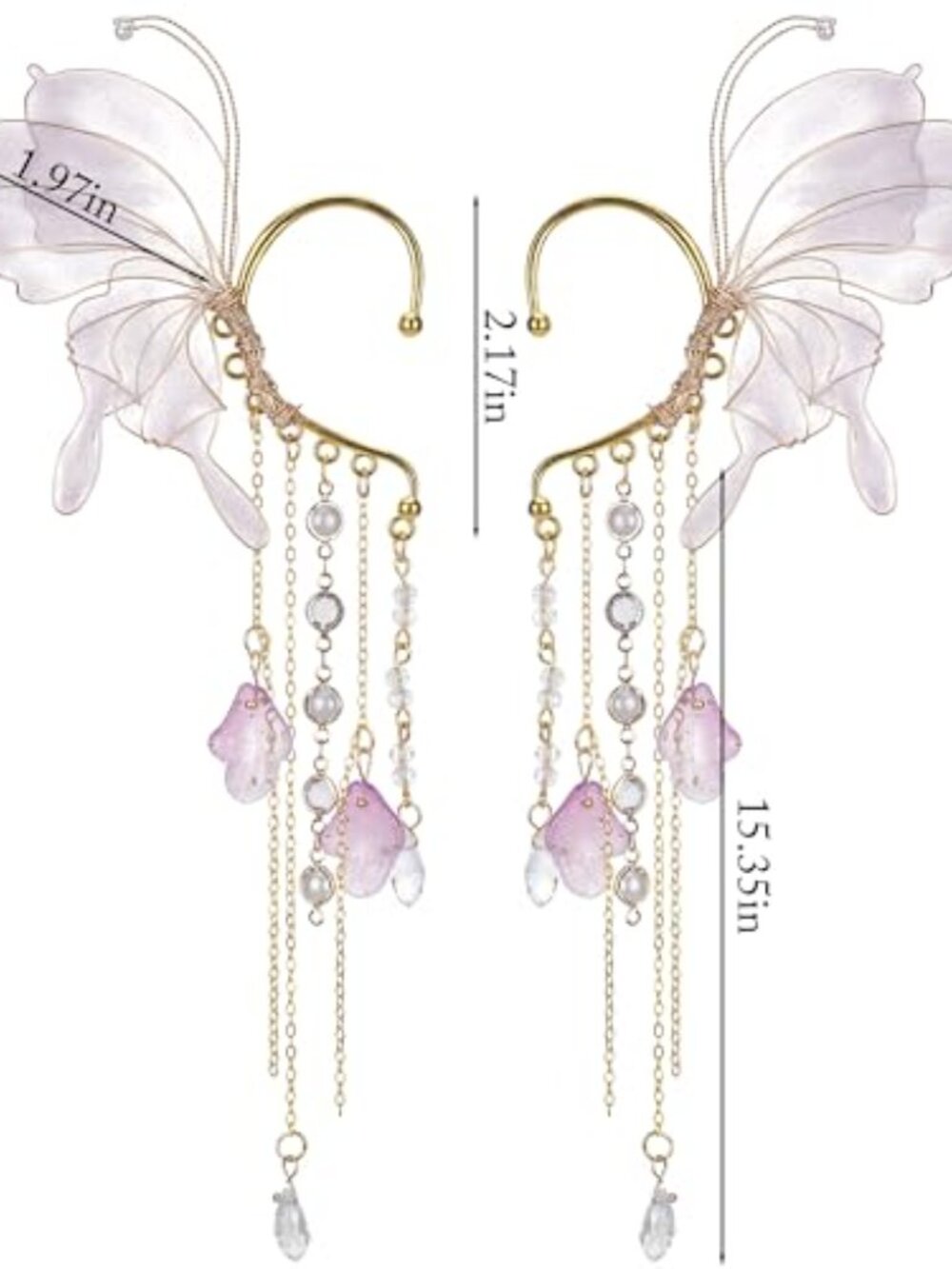 New - Butterfly Elf Ear Cuffs - Fairy Ear Cuffs with Tassel Non Pierced Mermaid - Picture 3 of 3